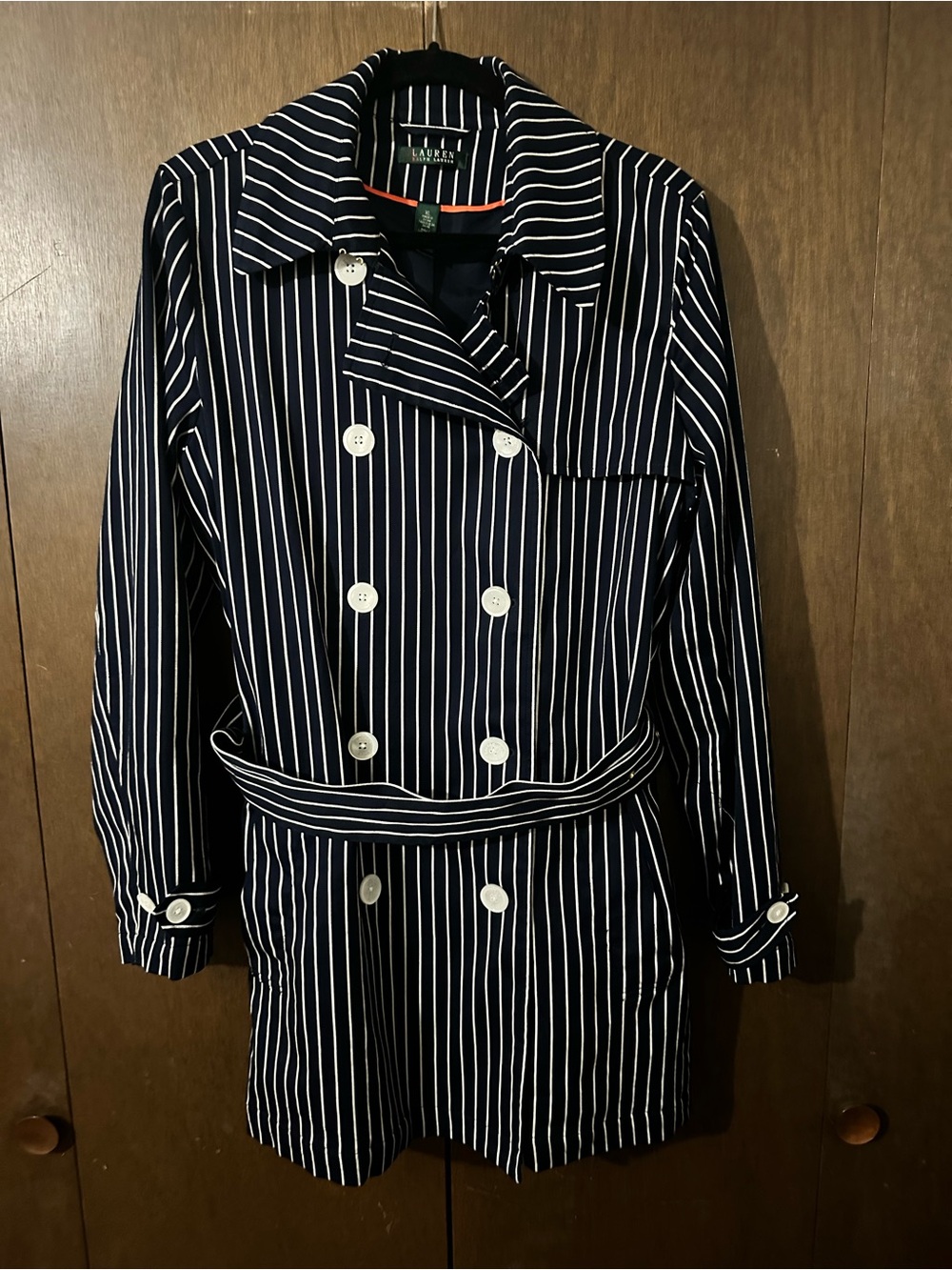 Lauren Ralph Lauren Navy White Stripes 100% Cotton Belted Trench Pea Coat Sz XL - Picture 2 of 14